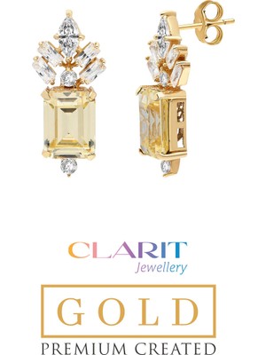 Created Light Yellow Canary Taşlı Zümrüt Kesim 14 Ayar Sarı Altın  Küpe
