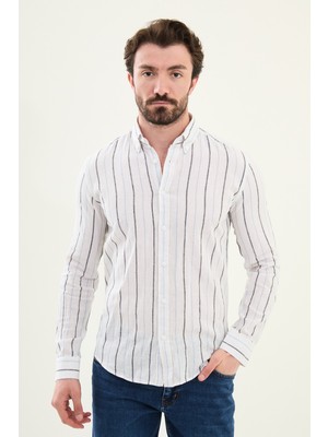 Çizgili Mavi Slim Fit Keten Erkek Gömlek