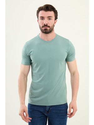 Düz Yeşil Slim Fit Bisiklet Yaka Basic Erkek T-Shirt