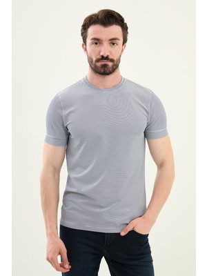 Çizgili Lacivert Slim Fit Bisiklet Yaka Erkek T-Shirt