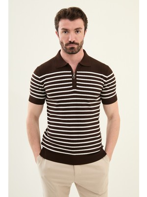 Çizgili Kahverengi Slim Fit Fermuarlı Polo Yaka Erkek Triko T-Shirt