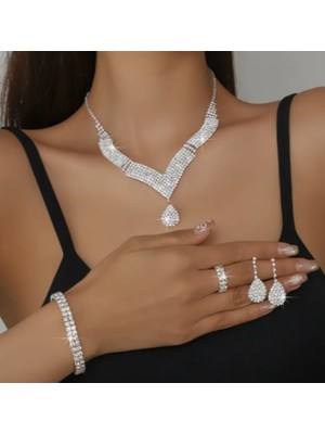 Zirkon Taşlı Damla Model Gelin Düğün & Davet Takı Seti (Kolye, Küpe, Bileklik, Yüzük)
