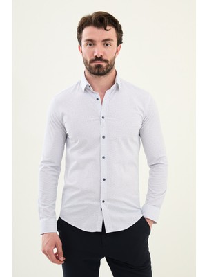 Desenli Beyaz Slim Fit Pamuk Erkek Gömlek