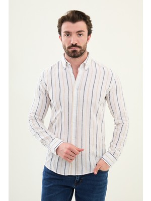 Çizgili Bej Slim Fit Keten Erkek Gömlek