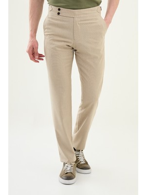 Desenli Bej Slim Fit Beli Tokalı Erkek Pantolon