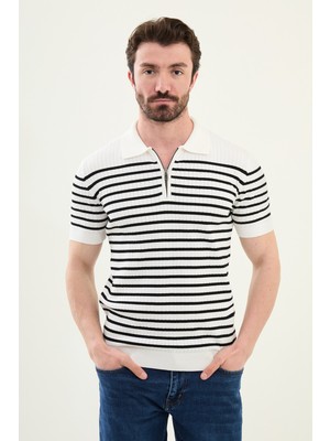 Çizgili Ekru Slim Fit Fermuarlı Polo Yaka Erkek Triko T-Shirt