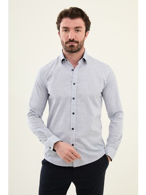 Çizgili Beyaz Slim Fit Pamuk Erkek Gömlek