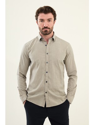 Çizgili Bej Slim Fit Pamuk Erkek Gömlek
