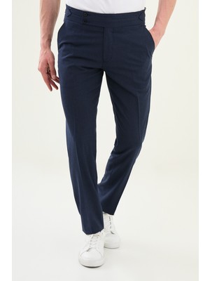 Düz Lacivert Slim Fit Beli Tokalı Erkek Pantolon