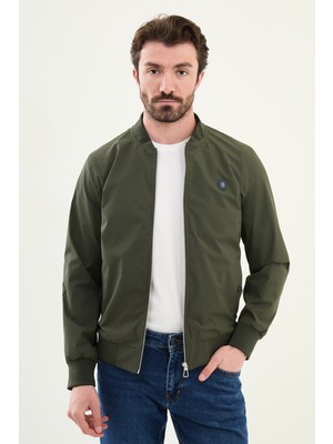Düz Haki Slim Fit Hakim Yaka Erkek Mont