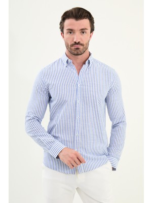 Çizgili Slim Fit Uzun Kollu Keten Erkek Gömlek