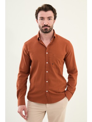 Gofreli Kiremit Slim Fit Pamuk Erkek Gömlek