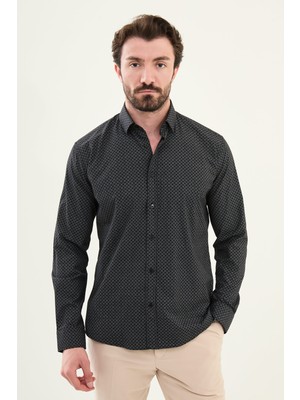 Desenli Siyah Slim Fit Pamuk Erkek Gömlek