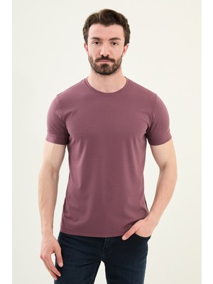 Düz Koyu Mor Slim Fit Bisiklet Yaka Basic Erkek T-Shirt