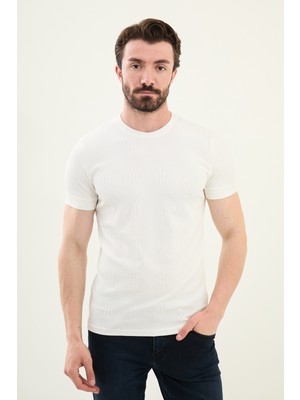 Desenli Ekru Slim Fit Bisiklet Yaka Erkek T-Shirt