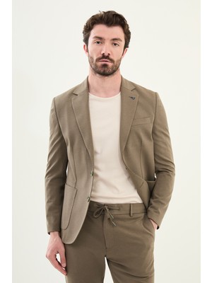 Çizgili Haki Slim Fit Torba Cep Mono Yaka Erkek Ceket