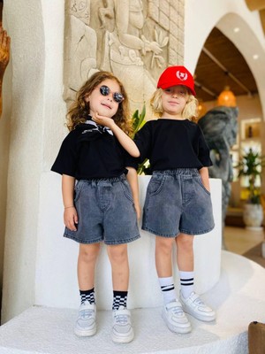 Laciel Paris Antrasit Kot Şort ve Siyah Tshirt Bayramlık Unisex 2 'litakım