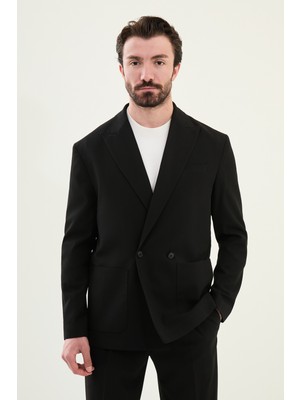 Düz Siyah Oversize Geniş Yaka Kruvaze Erkek Takım Elbise