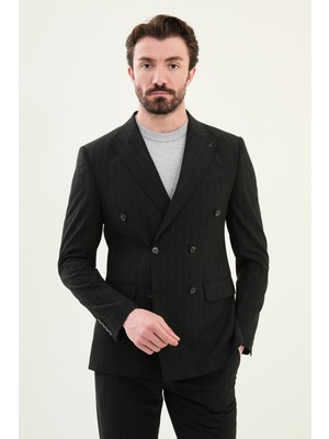 Çizgili Siyah Slim Fit Geniş Yaka Kruvaze Erkek Takım Elbise