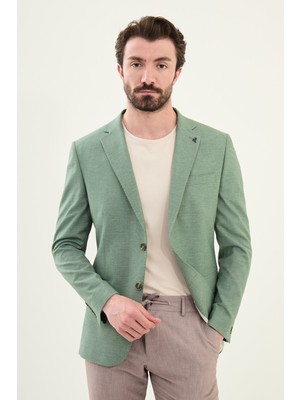 Düz Haki Slim Fit Mono Yaka Keten Erkek Ceket