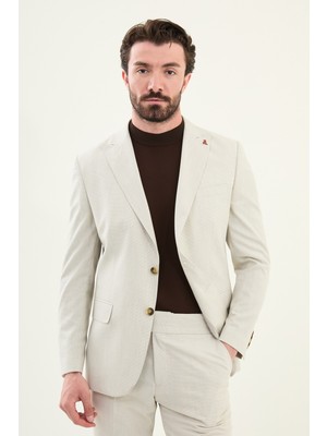Desenli Bej Slim Fit Geniş Yaka Erkek Takım Elbise