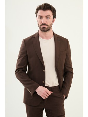 Desenli Kahverengi Slim Fit Torba Cep Mono Yaka Erkek Takım Elbise