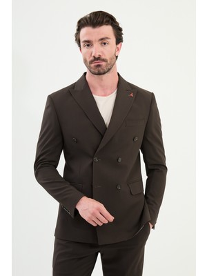 Düz Slim Fit Geniş Yaka Kruvaze Erkek Takım Elbise
