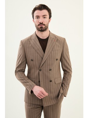 Çizgili Vizon Rengi Slim Fit Geniş Yaka Kruvaze Erkek Takım Elbise