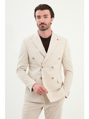 Düz Slim Fit Geniş Yaka Kruvaze Erkek Takım Elbise