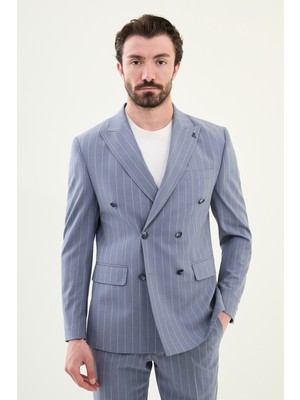 Çizgili Indigo Slim Fit Geniş Yaka Kruvaze Erkek Takım Elbise