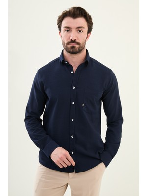 Gofreli Lacivert Slim Fit Pamuk Erkek Gömlek