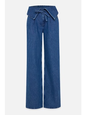 Setre Mavi %100 Pamuk Bel Detaylı Rahat Kesim Pantolon