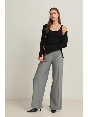 Setre Gri Belden Lastik Detaylı Yandan Fermuarlı Rahat Kesim Geniş Paça Pantolon