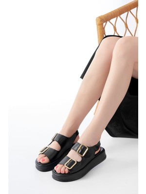 1187 Siyah Dolgu Topuk Lastik Baretli  Kadın Sandalet