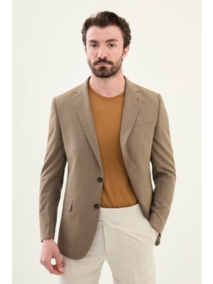 Ekoseli Kahverengi Slim Fit Mono Yaka Erkek Ceket