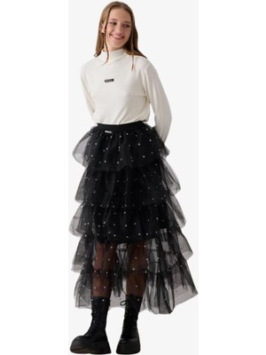 09-15 Yaş Kız Çocuk Nokta Desenli Uzun Tül Etek - Siyah