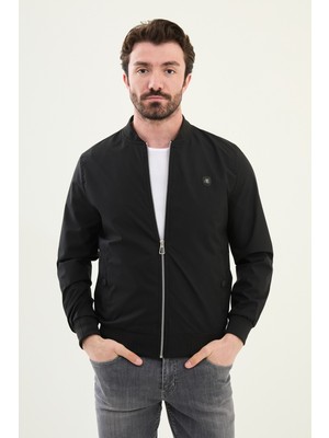 Düz Siyah Slim Fit Hakim Yaka Erkek Mont