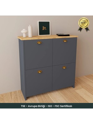B3CONCEPT 4 Kapaklı 4 Raflı Ayakkabılık Kapalı Çok Amaçlı Kapaklı Modern Ayakkabı Dolabı  Antrasit-Safirmeşe