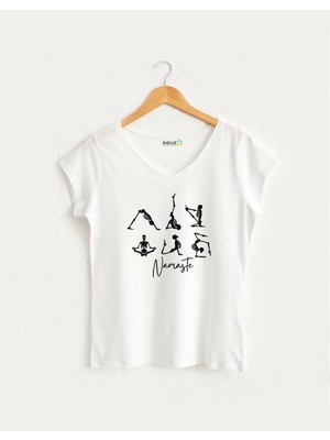 Namaste Iskelet Görselli Kadın V Yaka %100 Pamuklu Tasarım T-Shirt