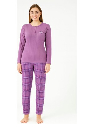 Kadın 05031 Uzun Kol % 100 Pamuk Raporlu Interlok Pijama Takımı Mor
