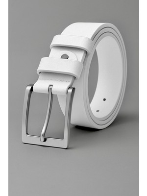 Beyaz 100 % Hakiki Deri Kumaş Pantolon Kemeri