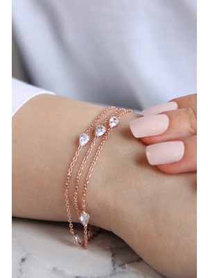 925 Ayar Gümüş Üç Zincirli Damla Taşlı Rose Bileklik - 45097401