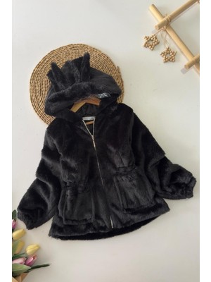Miniğimin Cicileri Kulaklı Kapüşonlu Kız Çocuk peluş mont - Siyah