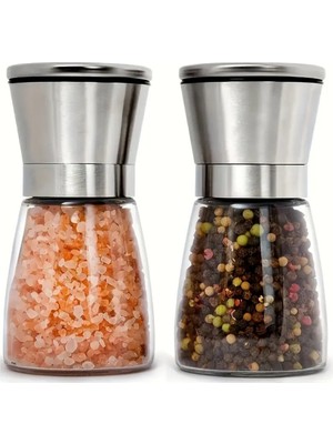 Mithra Life 2 Li Set Metal Krom Kapaklı Cam Tuz Karabiber Değirmeni Tuzluk Biberlik MIT1244
