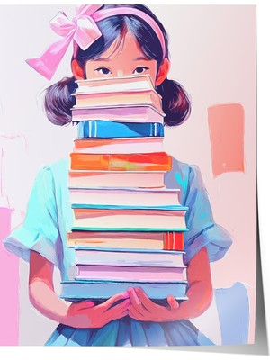 Çerçevesiz Poster, Kitap Yığınıyla Kız Illüstrasyonu, Çalışma Odası Dekoru Poster No: 112408