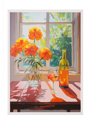 Beyaz Çerçeveli Tablo, Pencerede Vazoda Turuncu Çiçekler, Mutfak Dekoru Poster No: 112467