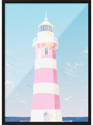 Siyah Çerçeveli Tablo, Pembe Çizgili Deniz Feneri, Salon Dekoru Poster No: 112405
