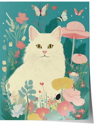 Çerçevesiz Poster, Ormanda Kedi Illüstrasyonu, Çocuk Odası Dekoru Poster No: 112456