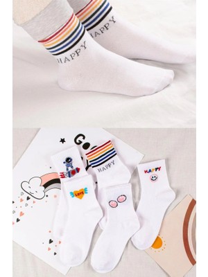 Unisex 6 Çift Tenis Çorabı Erkek Tenis Çorabı Kadın Tenis Çorabı Happy Beyaz Tenis Çorabı 38-44