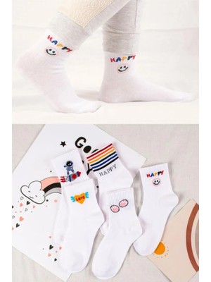 Unisex 6 Çift Tenis Çorabı Erkek Tenis Çorabı Kadın Tenis Çorabı Happy Beyaz Tenis Çorabı 38-44